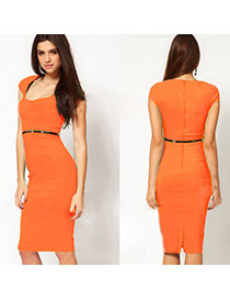 Elegant Orange Pure Color Decorated Short Sleeve Drain Chest Long Dress