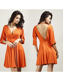 Sexy Orange Pure Color Decorated Backless Three Quarter Sleeve Dress