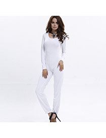 Sexy white Pure Color Design Round Neckline Long Sleeve Package Hip Jumpsuit