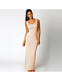 Elegant pink Round Neckline Design Pure Color Sleeveless Long Dress