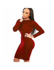 Sexy Claret-red Pure Color Decorated Round Neckline Long Sleeve Dress