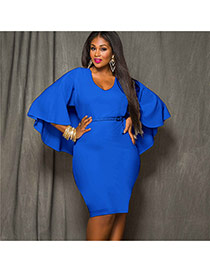 Sexy Blue Pure Color Decorated Batwing Sleeve V Neckline Tight Dress
