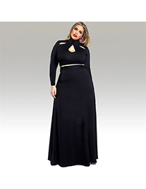 Sexy Black Hollow Out Neckline Decorated Long Sleeve Pure Color Dress Suits