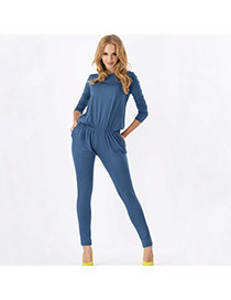 Casual Navy Blue Pure Color Decorated Long Sleeve Loose Fold Jumpsuits