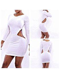 Sexy White Pure Color Decorated Long Sleeve O Neckline Midriff Short Dress