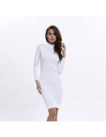 Sexy White Pure Color Decorated Long Sleeve O Neckline Long Dress