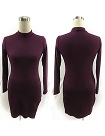 Fashion Purple Split Decorated Long Sleeve O Neckline Pure Color Dress