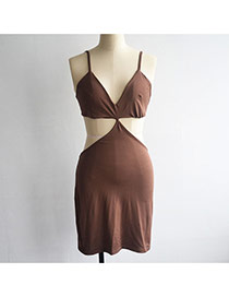 Trendy Brown Shoulder-strap Decorated Bra Design Pure Color Dew Waisted Dress