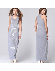 Fashion Gray Cat Pattern Decorated Simple Design Sleeveless O Neckline Dress