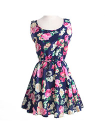 Fashion Navy Color Flower Pattern Decorated Simple Design Sleeveless Dress