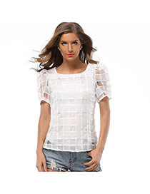 Trendy White Plaid Pattern Decorated Simple Design Short Sleeve Shirt