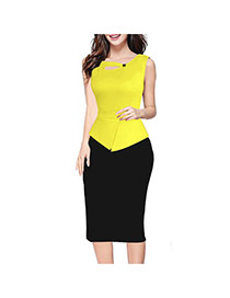 Fashion Yellow+black Color Matching Design Sleeveless Package Hip Patchwork Long Dress