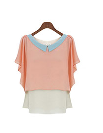 Lovely Pink Color Matching Design Doll Collar Short Sleeve Chiffon Blouse