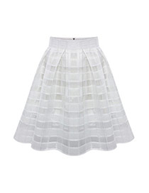 Fashion White Grid Decorated Pure Color Simple Bubble Chiffon Skirt