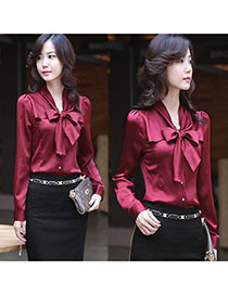 Fashion Claret Red Bowknot Decorated Pure Color V Neckline Long Sleeve Chiffon Blouse