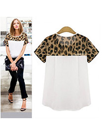 Fashion White Leopard Print Pattern Decorated Short Sleeve Patchwork Chiffon T-shirt
