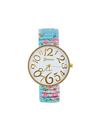 Fashion Blue Painting Flower Pattern Decorated Round Daild Watch