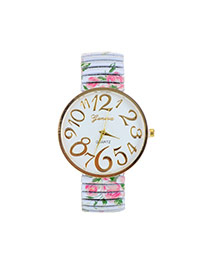 Fashion White Painting Flower Pattern Decorated Round Daild Watch